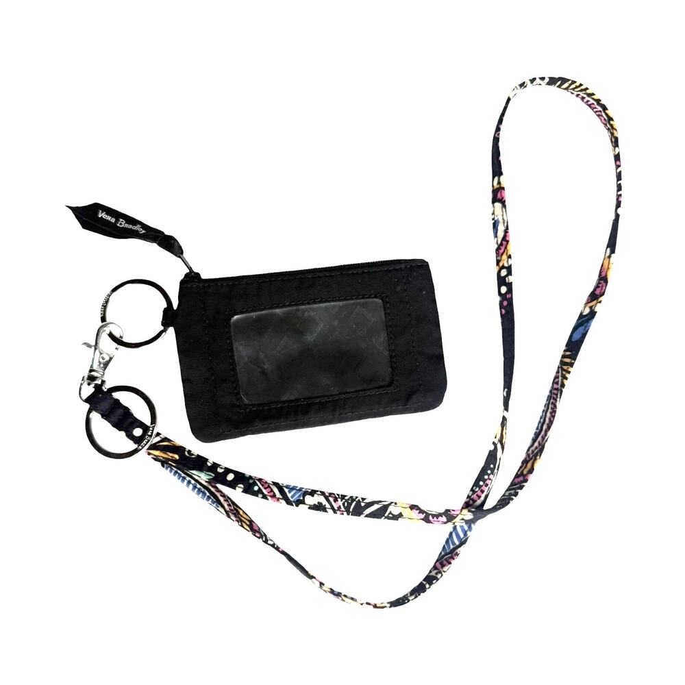 Vera Bradley Zip ID Case & Lanyard Wallet Purse Key Ring Black Perennials Noir